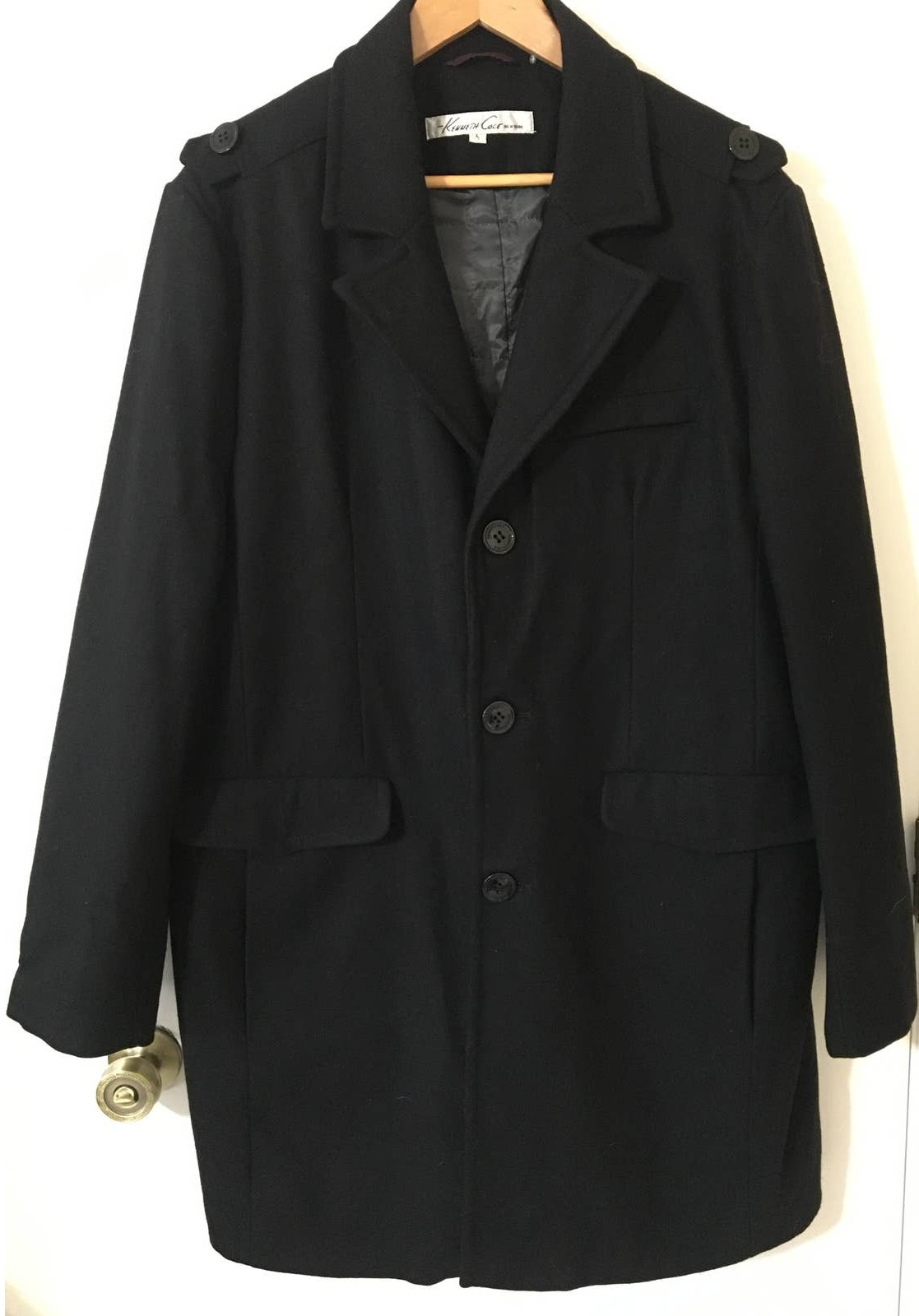Kenneth Cole, New York Large Black Wool Blend Over Coat With Gray Quilted Lining